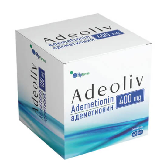 Adeoliv 400 mg 48 tablet ademetionin takviyesi kutusu, her tablette 400 mg ademetionin içeren gıda takviyesi- 1