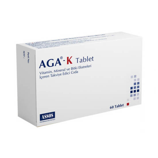 AGA-K takviye edici gıda 60 tablet kutusu, 2 tablette keratin 60 mg, L-sistein 60 mg, at kuyruğu ekstresi 400 mg- 1