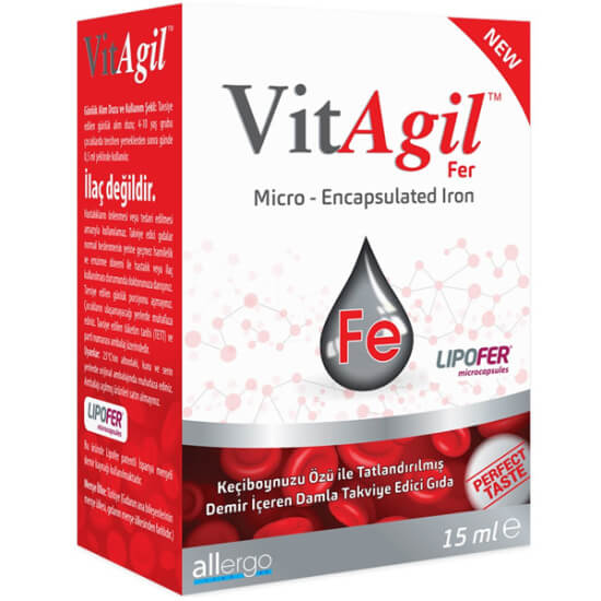 Allergo VitAgil Fer demir damla 15 ml takviye edici gıda 1 ml 8,5 mg demir 10 mg inülin keçiboynuzu aromalı- 1