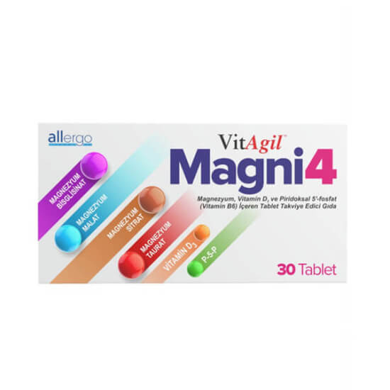 Allergo VitAgil Magni4 30 tablet magnezyum takviyesi 200 mg magnezyum 25 mcg D3 2 mg B6 P5P içeren kutu- 1