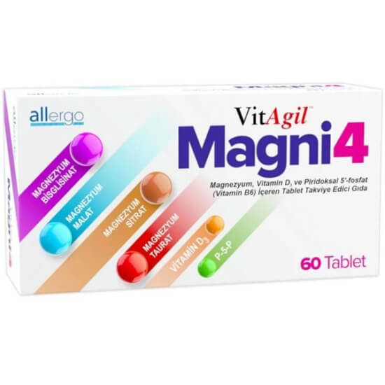 Allergo VitAgil Magni4 60 tablet magnezyum takviyesi 200 mg magnezyum D3 vitamini P5P içeren ürün kutusu- 1