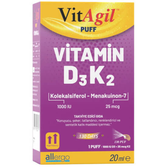 Allergo VitAgil Puff Vitamin D3K2 sprey 20 ml, 1 püskürtme 25 mcg D3 1000 IU ve 25 mcg K2 MK-7- 1