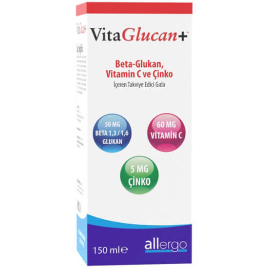 Allergo VitaGlucan Beta Glucan vitamin şurup 150 ml, 5 ml’de 60 mg C vitamini 5 mg çinko 50 mg beta glukan- 1