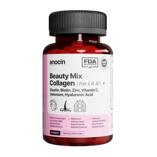 Anocin Beauty Mix Collagen Tip I-II-III Elastin Biotin Zinc Selenyum Hyaluronic Kolajen 30 Tablet