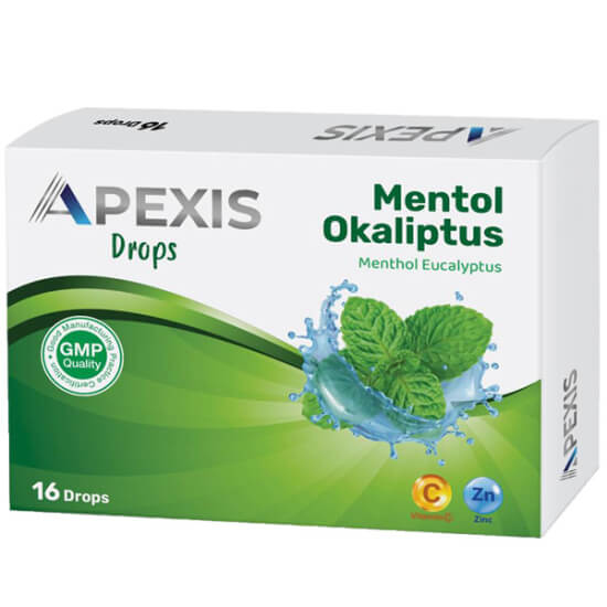 Apexis Drops mentol okaliptus aromalı pastil 16 adet, C Vitamini ve çinko içerikli, boğaz ferahlatıcı kutu- 1