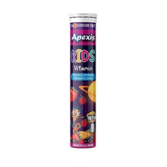 Apexis Kids Vitamin ahududu çilek aromalı 20 efervesan tablet, 10 mg kara mürver ekstresi, 5 mg çinko, 4-10 yaş- 1