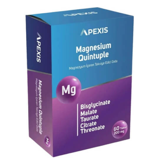 Apexis Magnesium Quintuple 60 tablet magnezyum sitrat malat taurat bisglisinat ve L-treonat içeren tablet takviyesi- 1