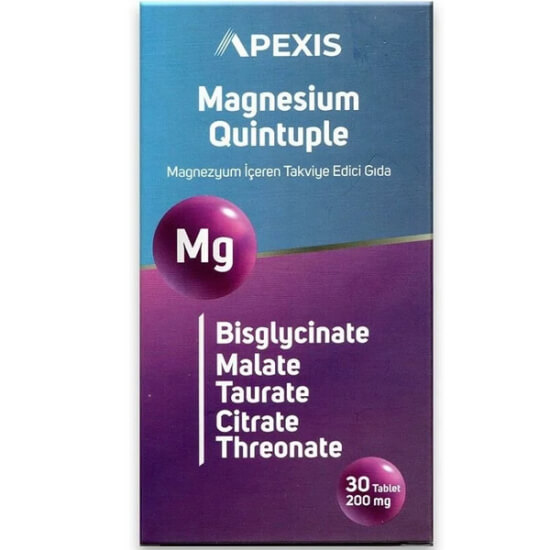 Apexis Magnesium Quintuple 30 tablet magnezyum takviyesi; sitrat malat taurat bisglisinat L-treonat- 1