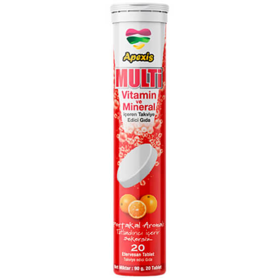Apexis Multivitamin 20 efervesan tablet 20 adet C vitamini 60 mg kalsiyum 79 mg E vitaminli portakal aromalı- 1