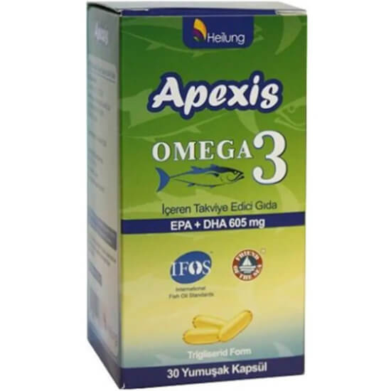 Apexis Omega 3 balık yağı takviyesi 30 yumuşak kapsül, 1 kapsülde 605 mg EPA+DHA içeren ürün kutusu- 1