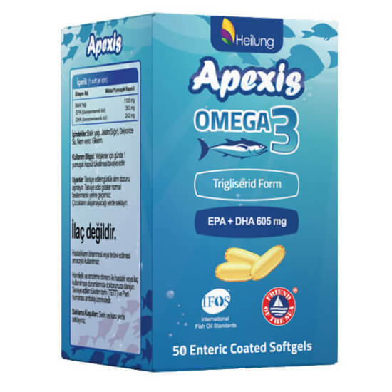 Apexis Omega 3 balık yağı takviyesi kutusu 50 yumuşak kapsül kapsül başına 605 mg EPA+DHA trigliserid form- 1