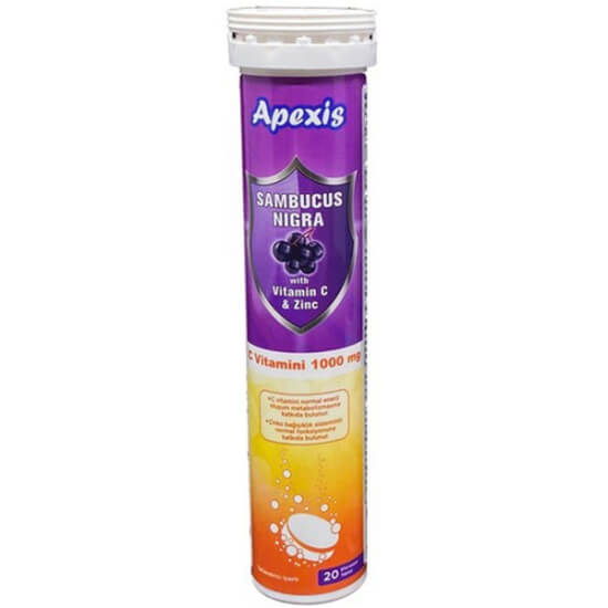 Apexis Sambucus Nigra C Vitamini 20 efervesan tablet kutusu 20 tablet 1000 mg C vitamini 10 mg çinko kara mürver- 1