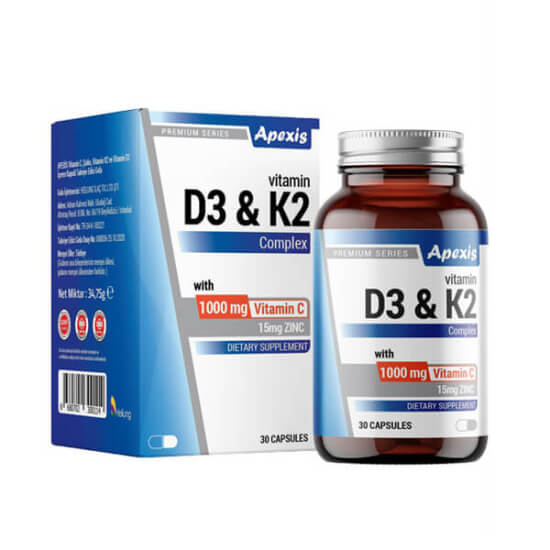 Apexis Vit D3 K2 C 1000 mg 30 kapsül takviye, D3 25 µg K2 MK7 50 µg C vitamini 1000 mg çinko 15 mg- 1