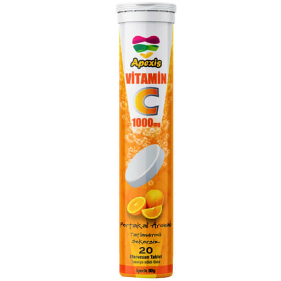 Apexis Vitamin C 1000 mg 20 efervesan tablet kutusu portakal aromalı suda eriyen C vitamini takviyesi- 1