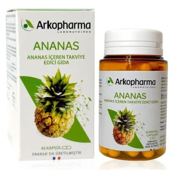 Arkopharma Ananas 45 kapsül takviye, 3 kapsülde 972,075 mg ananas sapı ve 6,3 mg bromelain içeren ürün kutusu- 1