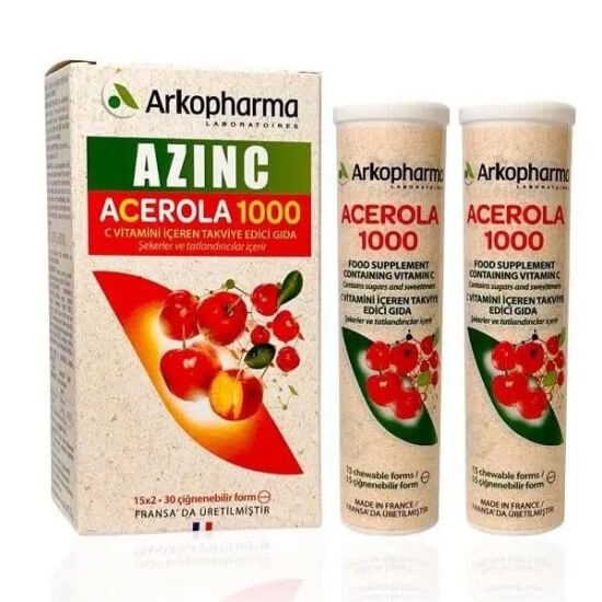 Arkopharma Azinc Acerola 30 tablet takviye, 1 tablette acerola ekstresi 500 mg ve C vitamini 170 mg içeren ürün kutusu- 1