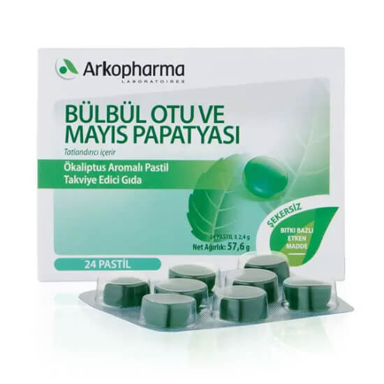 Arkopharma Ökaliptus aromalı pastil 24 pastil kutu, 11 yaş üzeri, bülbül otu ekstresi 144 mg ve papatya 72 mg içerir- 1
