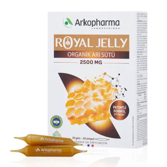 Arkopharma Royal Jelly organik arı sütü 2500 mg 20 ampul gıda takviyesi kutu ve ampul görseli- 1