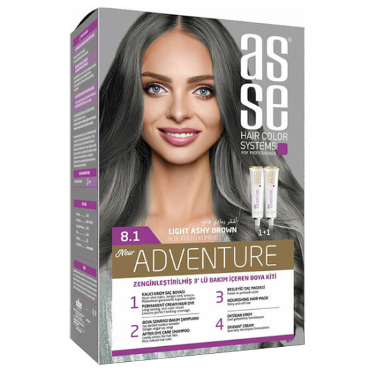 Asse Hair Color System kalıcı saç boyası Açık Küllü Kumral 8.1 kutu ambalaj ürün görseli kolay uygulama- 1