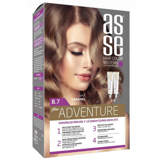 Asse Hair Color System saç boyası karamel No 8.70 krem tüp ve kutu, kalıcı renk, doğal karamel ton- 1