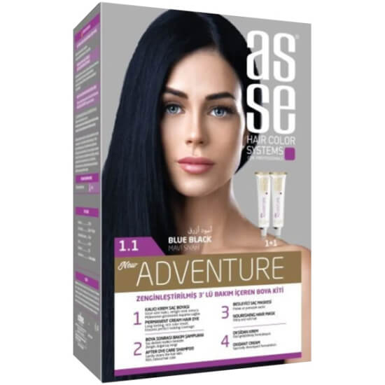 Asse Hair Color System mavi siyah saç boyası No 1.1 krem, kalıcı renk veren saç boyası kutusu- 1