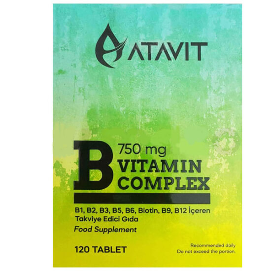 Atavit B Vitamin Complex 750 mg 120 tablet kutusu, B5 B1 B2 B3 B6 biotin B12 folik asit ve kolin içeren takviye- 1
