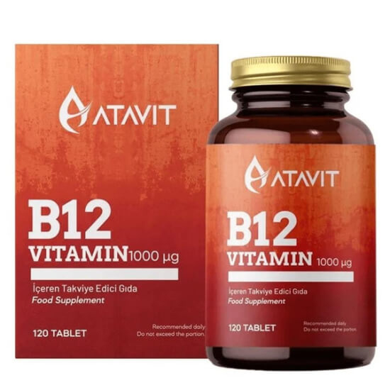 Atavit B12 Vitamin 120 tablet 1000 µg B12 içeren gıda takviyesi ürün kutusu ve tablet ambalajı görseli- 1