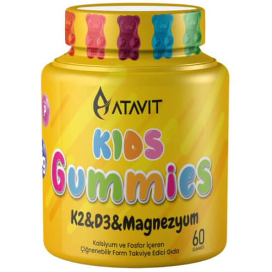 Atavit Kids D3 K2 Magnezyum 60 gummies çocuklar için çiğnenebilir jelibon D3 K2 200 mg kalsiyum 60 mg magnezyum- 1