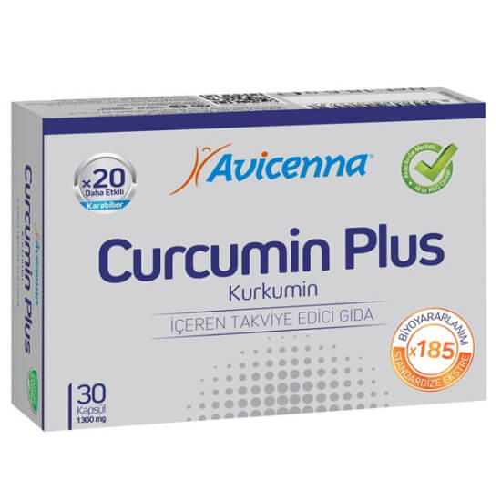 Avicenna Curcumin Plus 30 kapsül takviye edici gıda kutusu, 100 mg kurkumin ve 10 mg karabiber içeriği- 1
