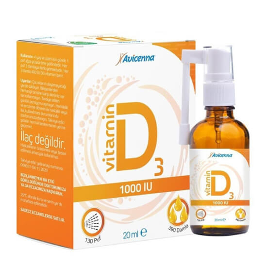 Avicenna Vitamin D3 1000 IU sprey 20 ml kolekalsiferol D3 vitamini ve zeytinyağı taşıyıcılı ağız spreyi şişe- 1