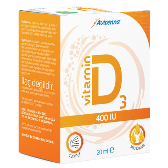 Avicenna Vitamin D3 400 IU damla sprey 20 ml zeytinyağı ve kolekalsiferol içerikli D3 vitamini takviyesi- 1