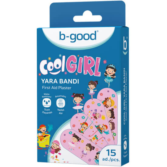 B Good Cool Girl yara bandı 15 adet, kız çocuklarına özel desenli, nefes alır ve suya dayanıklı yara bandı paketi- 1