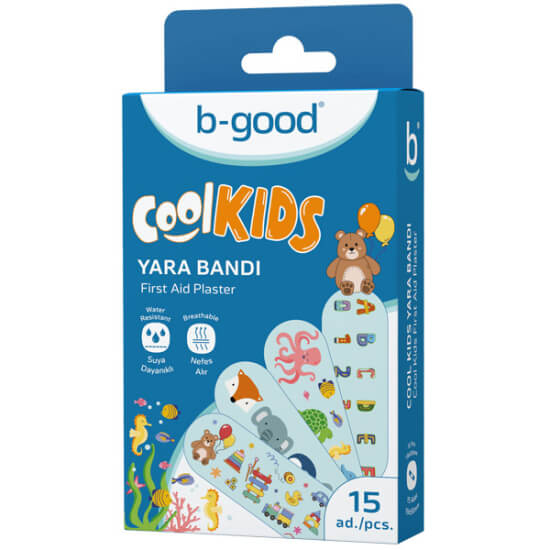 B Good Cool Kids çocuk yara bandı 15 adet, suya dayanıklı ve hava geçirgen, renkli desenli flaster paket- 1