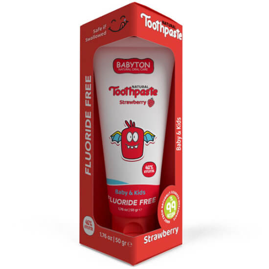 Babyton organik diş macunu çilek aromalı 50 gr tüp, florürsüz çocuk diş macunu, nazik günlük ağız bakımı- 1