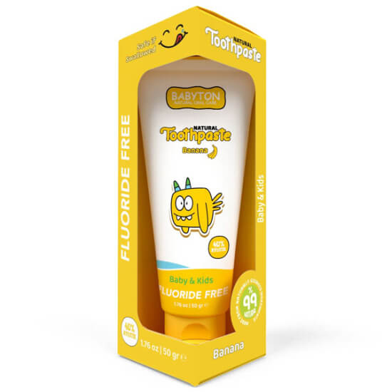 Babyton organik diş macunu muz aromalı 50 gr, florürsüz çocuklar için, tüp ambalaj ürün görseli- 1
