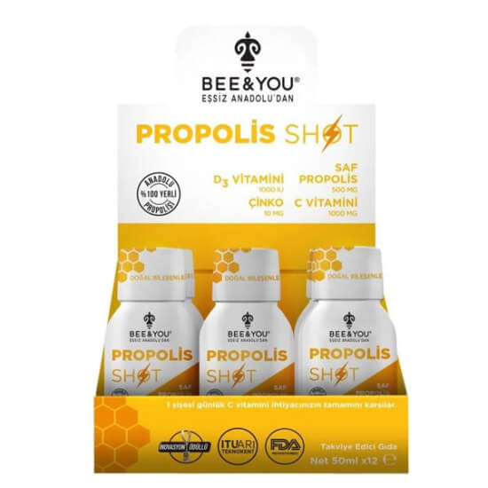Bee You Propolis D3 Çinko C Vitaminli 50 ml 12 shot, 1000 mg C vitamini, 10 mg çinko, 1000 IU D3, 500 mg propolis- 1