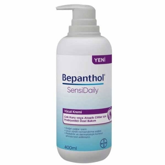 Bepanthol Sensi Daily Vücut Kremi 400 ml pompalı prebiyotikli, shea butter, zeytinyağı, B3, seramid 3, B5- 1