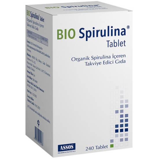 Bio Spirulina 240 tablet gıda takviyesi kutusu 6000 mg spirulina tozu içeren 240 tablet ürün ambalajı- 1