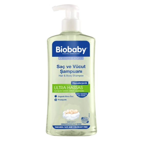 Biobaby bebek saç ve vücut şampuanı 500 ml, organik elma özü, Anzer kaynak suyu ve Alman papatyası içeren- 1