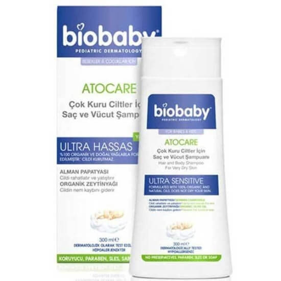 Biobaby kuru ve çok kuru ciltler için saç ve vücut şampuanı 300 ml zeytinyağı ve Alman papatyası içeren nazik formül- 1