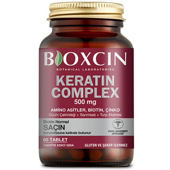 Bioxcin Forte Keratin Complex 60 tablet takviye; 2 tablette 250 mg hidrolize keratin, çinko 7,5 mg, biotin, B5- 1