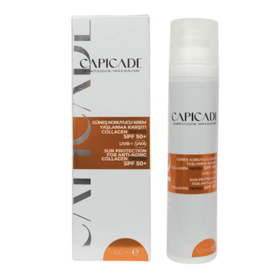 Capicade Collagen SPF50 Tinted renkli güneş kremi 100 ml hassas kızaran ciltler için yüksek koruma sağlayan ürün- 1