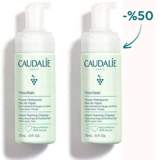 Caudalie Vinoclean köpük temizleyici 2x150 ml set, adaçayı papatya yeşil üzüm özlü, vegan sabunsuz yüz temizleme köpüğü- 1
