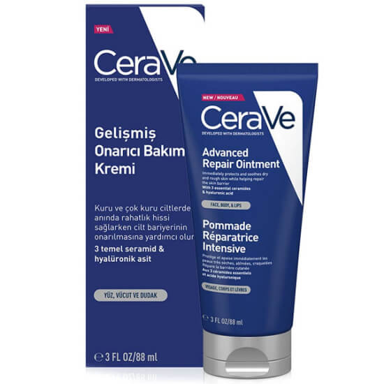 CeraVe Gelişmiş Onarıcı Bakım Kremi 88 ml kutu ve tüp, hyaluronik asit ve 3 seramid içerikli yüz vücut dudak- 1
