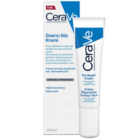 CeraVe onarıcı ve nemlendirici göz kremi 14 ml tüp ambalaj, hassas göz çevresi için seramid hyaluronik asit niasinamid- 1