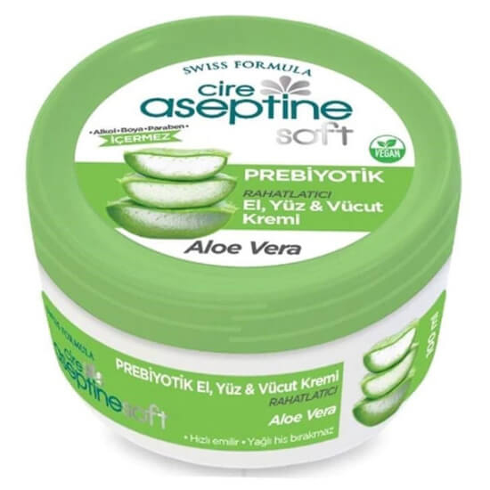 Cire Aseptine Aloe Vera özlü krem 100 ml, prebiyotik içerikli nem destekli el yüz ve vücut bakım kremi ambalajı- 1