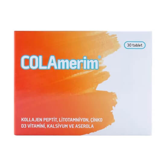 Colamerim Tip 2 kolajen 30 tablet kutu, tablet başına 360 mg hidrolize balık kolajeni ve 125 mg kalsiyum- 1
