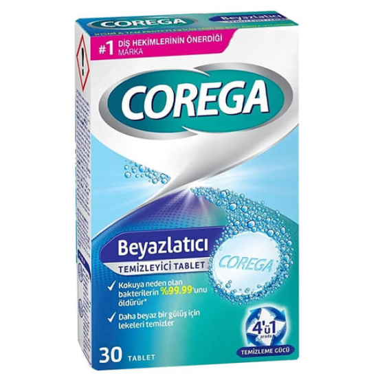 Corega diş protezi beyazlatıcı temizleyici 4ü 1 arada 30 tablet aktif oksijen leke çıkarıcı antibakteriyel aşındırıcı içermez- 1