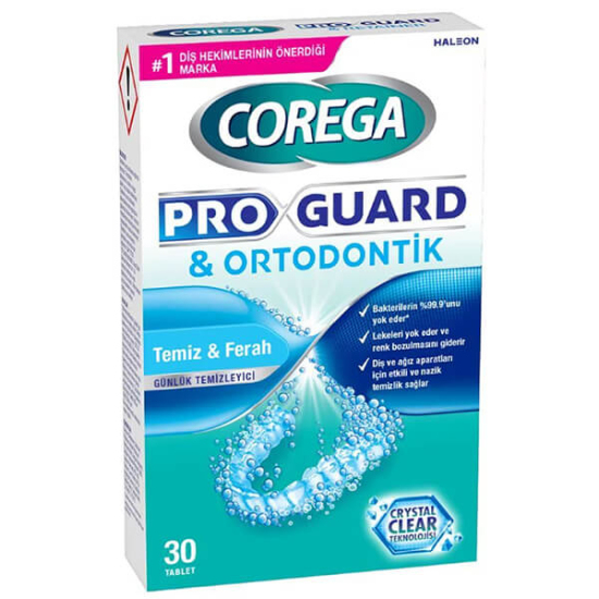 Corega Pro Guard Ortodontik Temiz Ferah 30 tablet şeffaf plak ve çıkarılabilir diş teli için antibakteriyel temizleyici