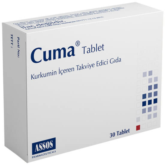 Cuma 30 Tablet Curcumin takviyesi kutusu, 30 tablet, her tablette 136,5 mg kurkumin ve C vitamini içerir- 1